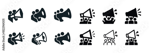 Megaphone icon set: communication symbols in various styles