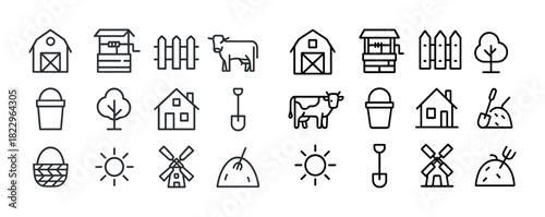 Farm icon set with barns, animals, tools, and nature elements