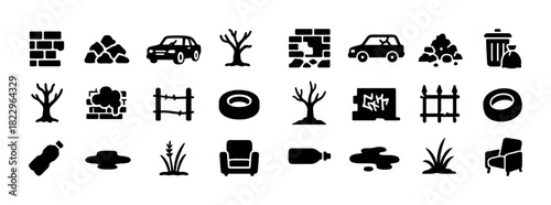 Collection of urban decay icons featuring trees, cars, trash, and fences