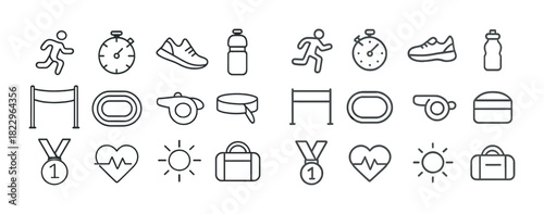 Outline icons: running, fitness, sports equipment, stopwatch, track, sneakers