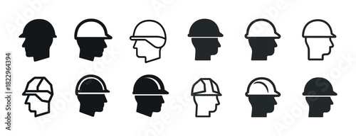 Construction worker helmet icons in various silhouette styles