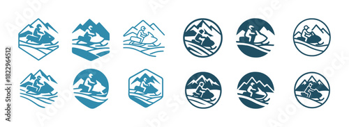 Snowboarding logo set: dynamic mountain adventure icons