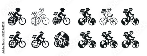 Stylized cyclists with solar panels and globe wheels in black and white