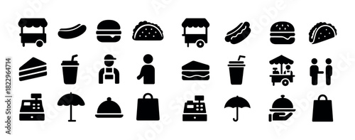 Icon set of food stands, snacks, beverages, people, and accessories