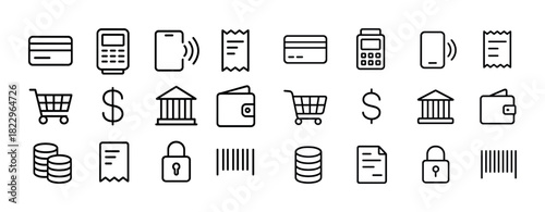Collection of finance and shopping icons in black and white