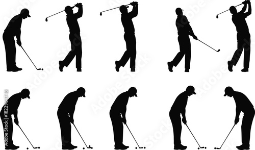 Golf player silhouette sequence showing professional swing technique, standing posture, putting positions, athletic movement and sports action for training illustrationsGolf player silhouette 