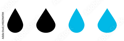 Water drop icons : teardrop or water droplet icons in black and bright blue, suitable for weather or liquid.