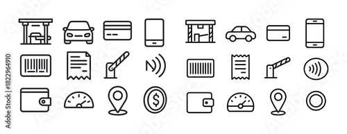 Icon set of car payment and navigation symbols in line art style