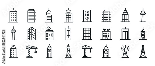 Minimalist urban building and tower icons collection