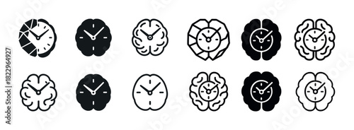Icon set of clocks integrated with brain designs depicting time and creativity concepts