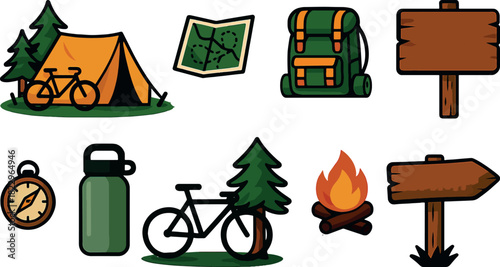 Camping and Hiking Icon Set – Tents, Bikes, Maps, Backpack, Compass, Trees, Campfire and Outdoor Adventure Gear