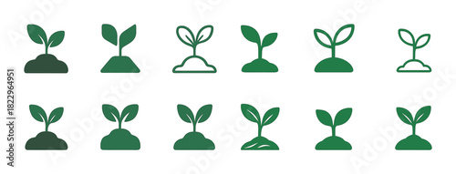 Various seedling growth stages: green sprouts in diverse styles on white background