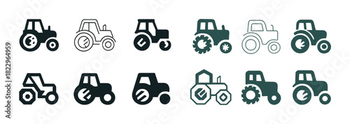 Set of twelve minimalist tractor icons in various styles