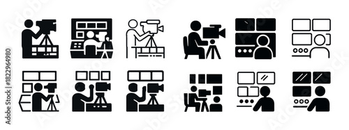 Icon set of video production and editing scenes in black and white
