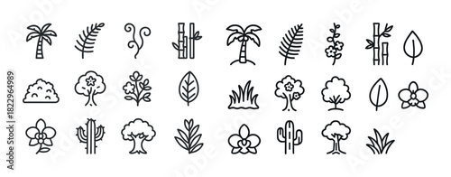 Stylized botanical icon set featuring trees, plants, flowers, and leaves