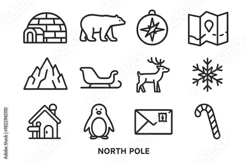 North Pole Icon Set. North Pole. Line outline icon set of North Pole: igloo, polar bear, compass, map, ice