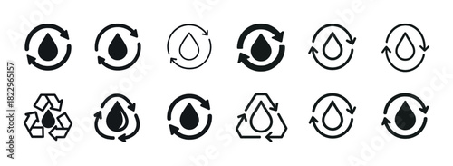 Water recycling and conservation symbols set in black and white variations