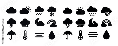 Weather icons: clouds, rain, wind, snow, umbrella, temperature, rainbow