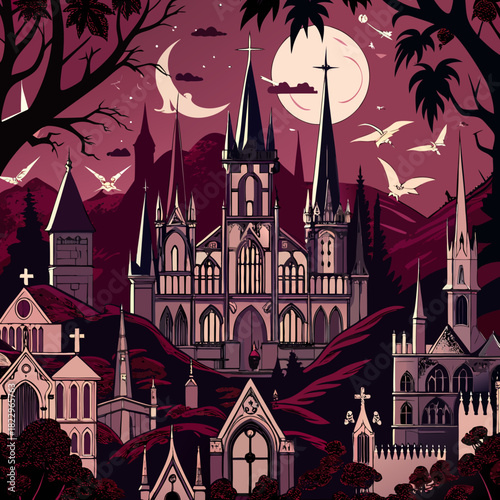 Dramatic, dark gothic landscape illustration featuring a majestic cathedral and sprawling graveyard under a huge moon and twilight sky. Spooky, moody, and intense horror scene for posters, games, and 