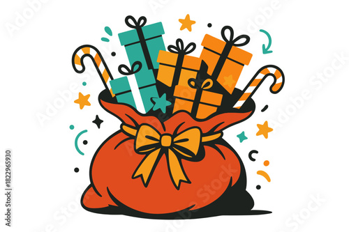 Overflowing Santa's Sack. Overflowing gifts. Santa?s sack spilling colorful presents, candy canes, and tiny