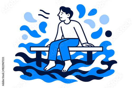 Peaceful Pier Contemplation. Calm Ocean. Person sitting on a pier with legs dangling over still water,