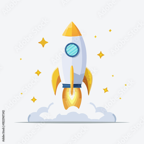 Rocket Launching into Space with Stars and Clouds.