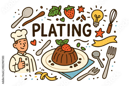 Plated Dessert Art. Plated dessert presentation. Hand-drawn doodle illustration of plated dessert presentation