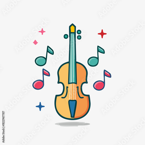 Violin with Musical Notes and Stars Vector Illustration.