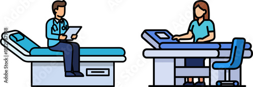 Medical professionals in a clinic, a doctor reading a report while a nurse prepares medical equipment on a treatment table, isolated on a transparent background