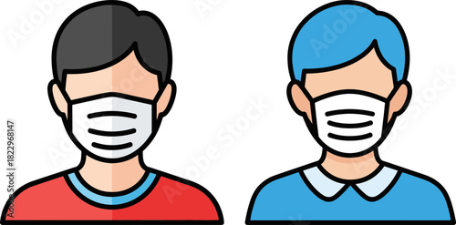 Two people wearing face masks, one with dark hair and red shirt, another with blue hair and light blue shirt, isolated on a transparent background