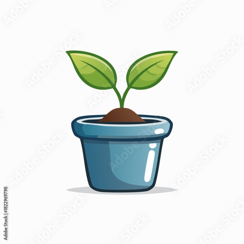 Young Plant Growing in a Blue Pot.