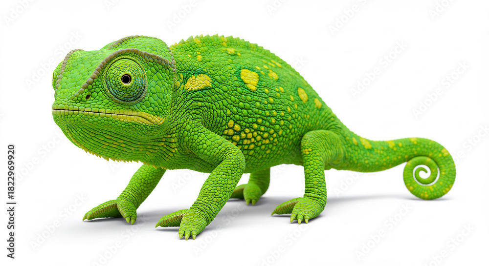 Fototapeta premium Vibrant green chameleon stands brightly illuminated by soft studio light against a clean white backdrop. AI Generated