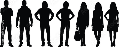 Group of black silhouettes of men and women standing together, casual people vector collection isolated on white background for design.