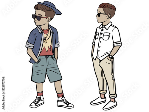 Two stylish cartoon boys showcase contrasting fashion trends: one with a casual, hip-hop inspired outfit, and the other in a smart-casual, preppy ensemble, both exuding youthful individuality.