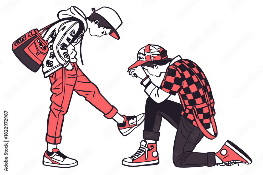 Obraz premium Young man kneeling to assist a friend with his shoe, embodying supportive friendship and modern streetwear style in a vibrant, stylized line art illustration representing youth culture.