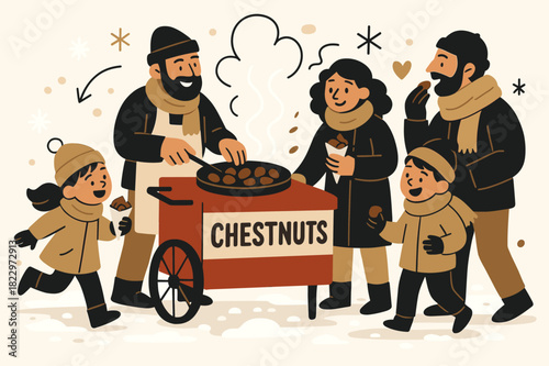 Roasted Chestnut Delight. Winter snack. Vendor preparing roasted chestnuts at a street cart, warm steam rising