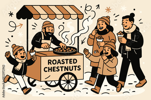 Roasted Chestnut Delight. Winter snack. Vendor preparing roasted chestnuts at a street cart, warm steam rising