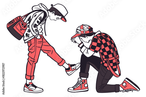 Young man kneeling to assist a friend with his shoe, embodying supportive friendship and modern streetwear style in a vibrant, stylized line art illustration representing youth culture.
