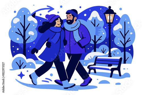 Romantic Winter Stroll. Evening winter walk. Couple strolling through park covered in fresh snow, soft