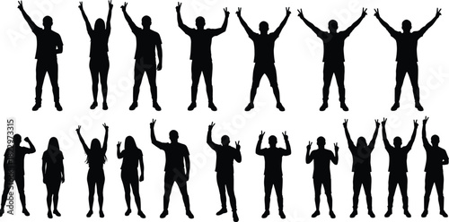 Group of business people silhouettes raising hands, peace gesture, teamwork and unity concept, professional staff illustration, workplace diversity vector design