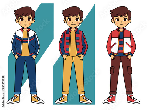 Three cheerful cartoon boys standing confidently with hands in pockets, each displaying unique casual jacket outfits and diverse fashion styles, in a vibrant, clean illustration.