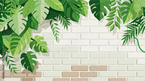 Lush tropical foliage with monstera and palm leaves framing a white and beige brick wall background. Minimalist urban jungle aesthetic for modern interior design, nature, or spa concept.