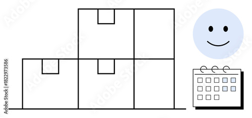 Stacked shipping boxes, smiling face, and calendar suggest order management, customer satisfaction, timely delivery, logistics planning. Ideal for e-commerce, supply chain, shipping time customer