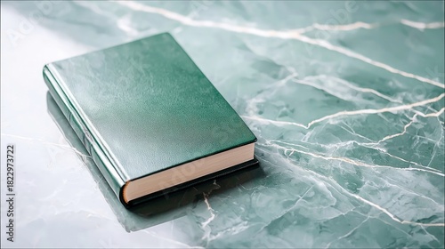 A closed green book rests on a reflective, marbled surface. The lighting is soft and diffused, creating a calm and elegant mood.