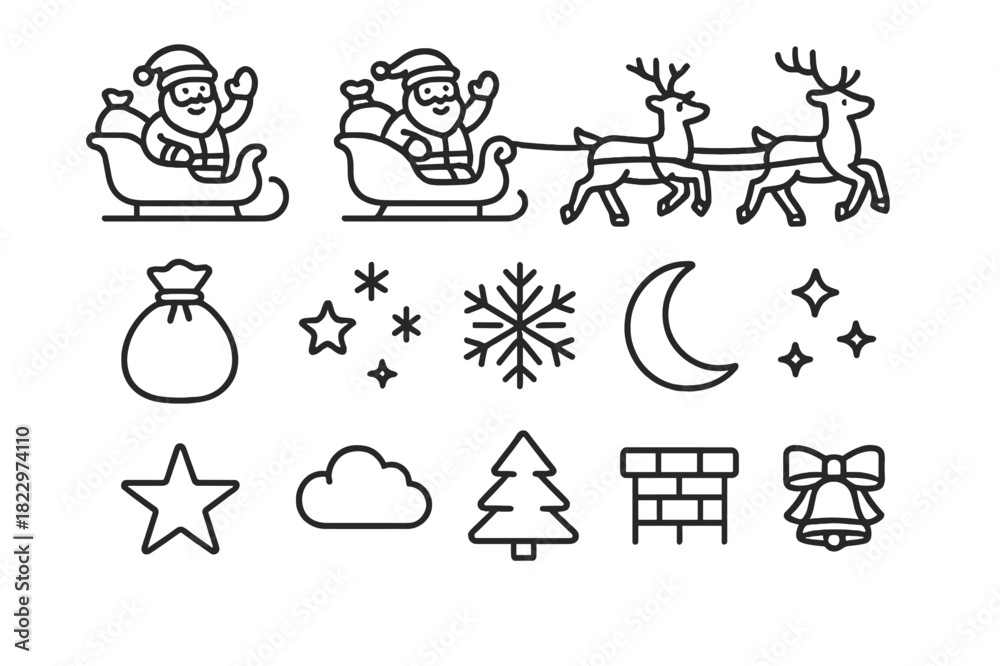 Fototapeta premium Santa Sleigh Icon Set. Santa Waving from Sleigh. Line outline icon set of Santa Waving from Sleigh: Santa
