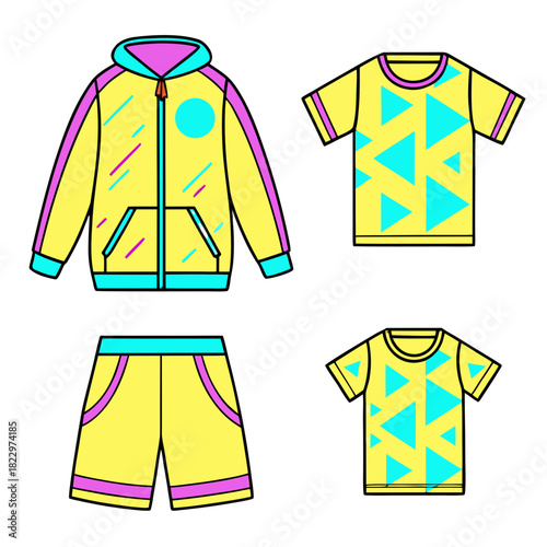 Nostalgic 80s 90s style sportswear collection vector illustration featuring vibrant yellow, magenta, and cyan athletic wear including a zip-up hoodie, shorts, and graphic t-shirt designs.