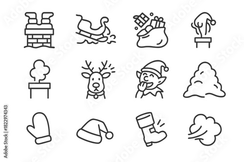 Santa's Accident Icons. Santa Mishap. Line outline icon set of Santa Mishap: Santa stuck, sleigh crash,
