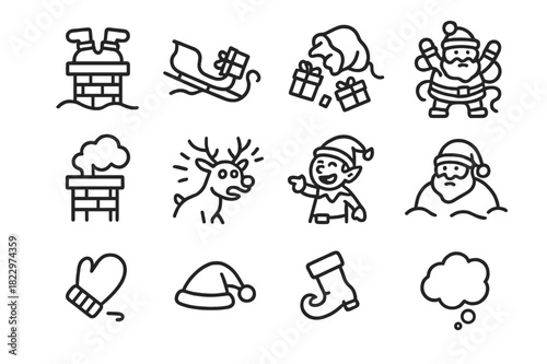 Santa's Accident Icons. Santa Mishap. Line outline icon set of Santa Mishap: Santa stuck, sleigh crash,