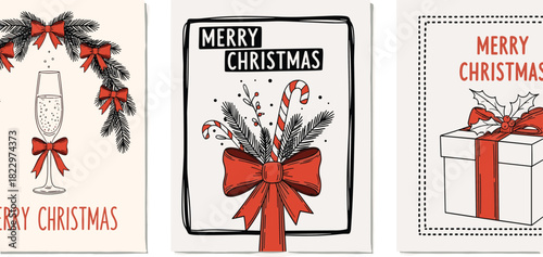 Christmas Card Set Elegant Holiday Designs with Champagne, Candy Canes, and Festive Gifts - Vector