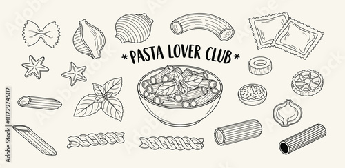 Vintage sketch collection of assorted Italian pasta shapes like fusilli, penne, and farfalle, an illustration concept for cuisine lovers